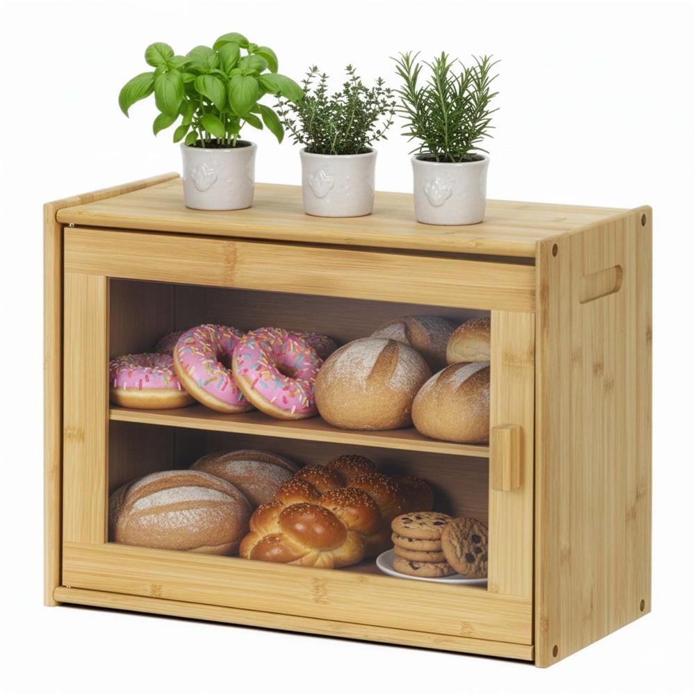 Cutie pentru paine din bambus cu fereastra transparenta, inchidere magnetica, 39x20x31 cm, bambus natural