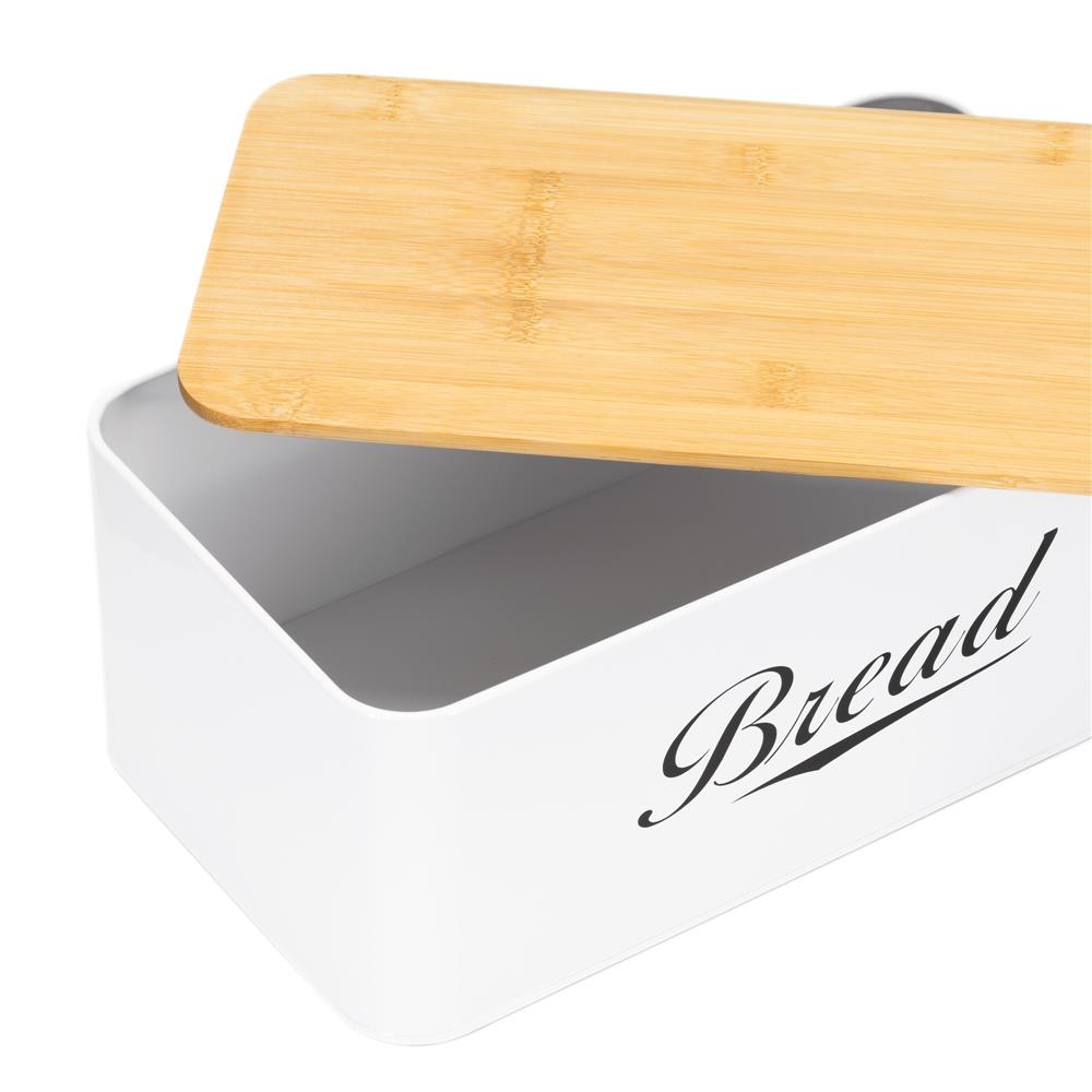 Cutie pentru paine din metal cu capac din bambus, finisaj lucios, 33x18x14 cm, alb