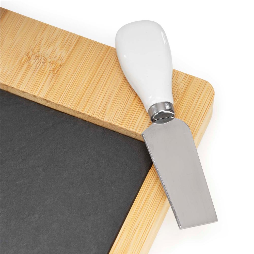 Set servire branzeturi cu platou din bambus si piatra, 2 boluri, 10 accesorii, 40x30x8 cm