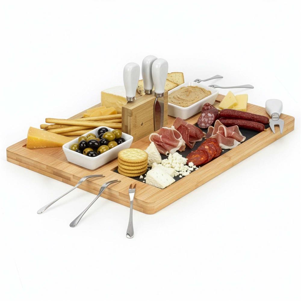 Set servire branzeturi cu platou din bambus si piatra, 2 boluri, 10 accesorii, 40x30x8 cm