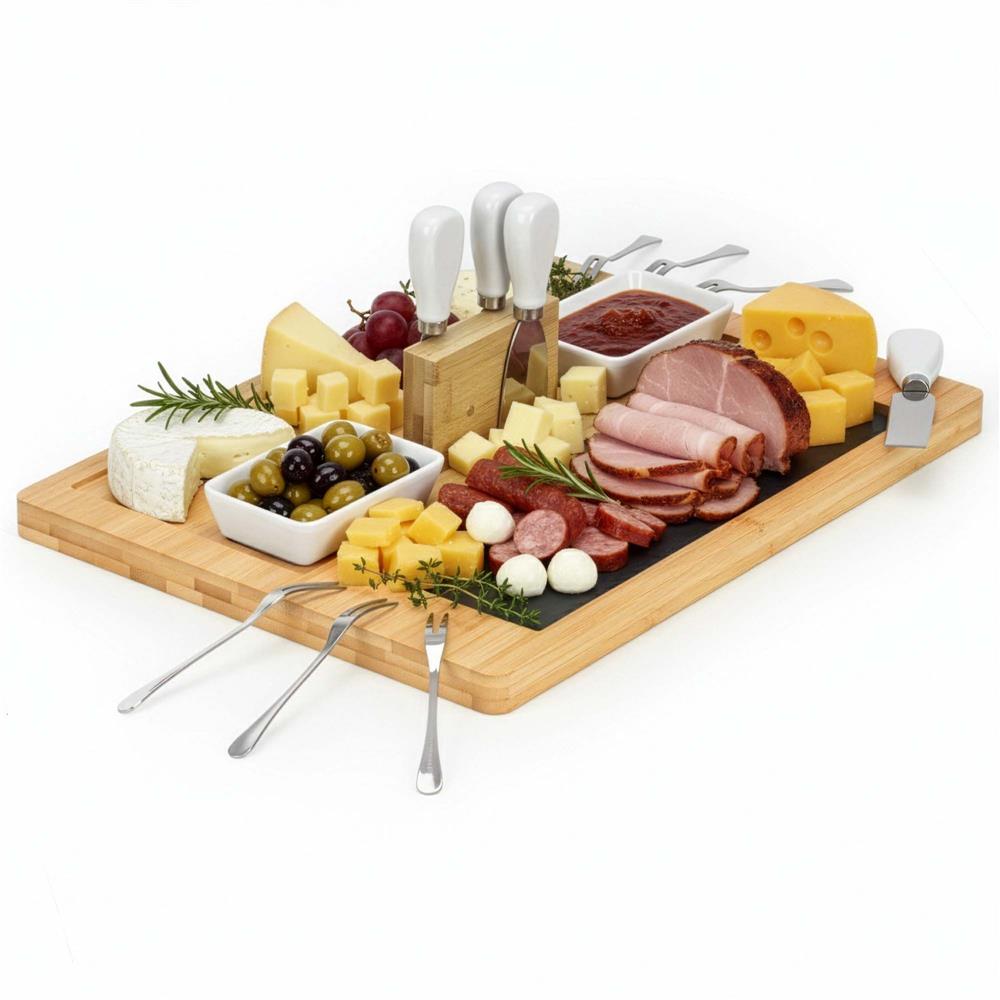 Set servire branzeturi cu platou din bambus si piatra, 2 boluri, 10 accesorii, 40x30x8 cm