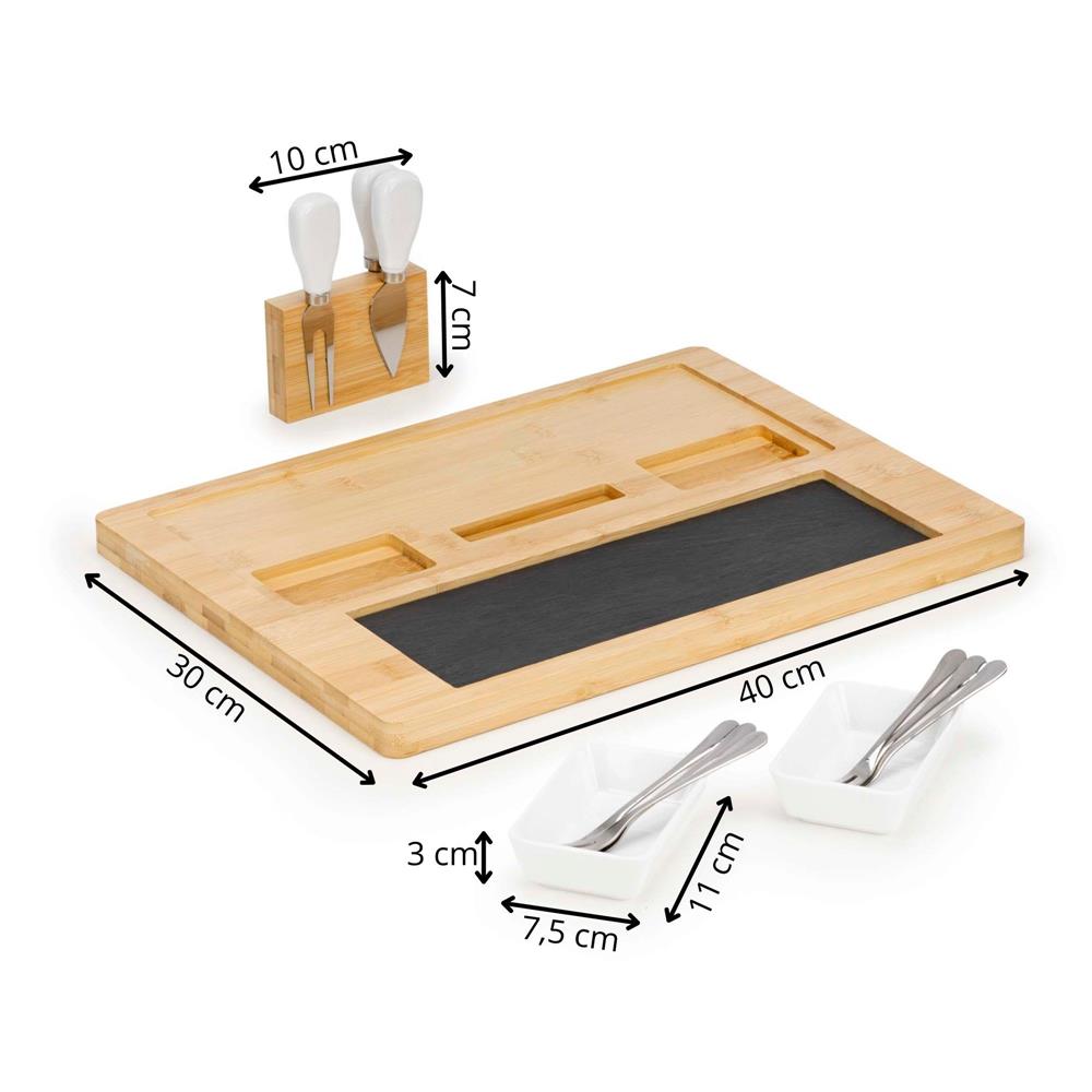 Set servire branzeturi cu platou din bambus si piatra, 2 boluri, 10 accesorii, 40x30x8 cm