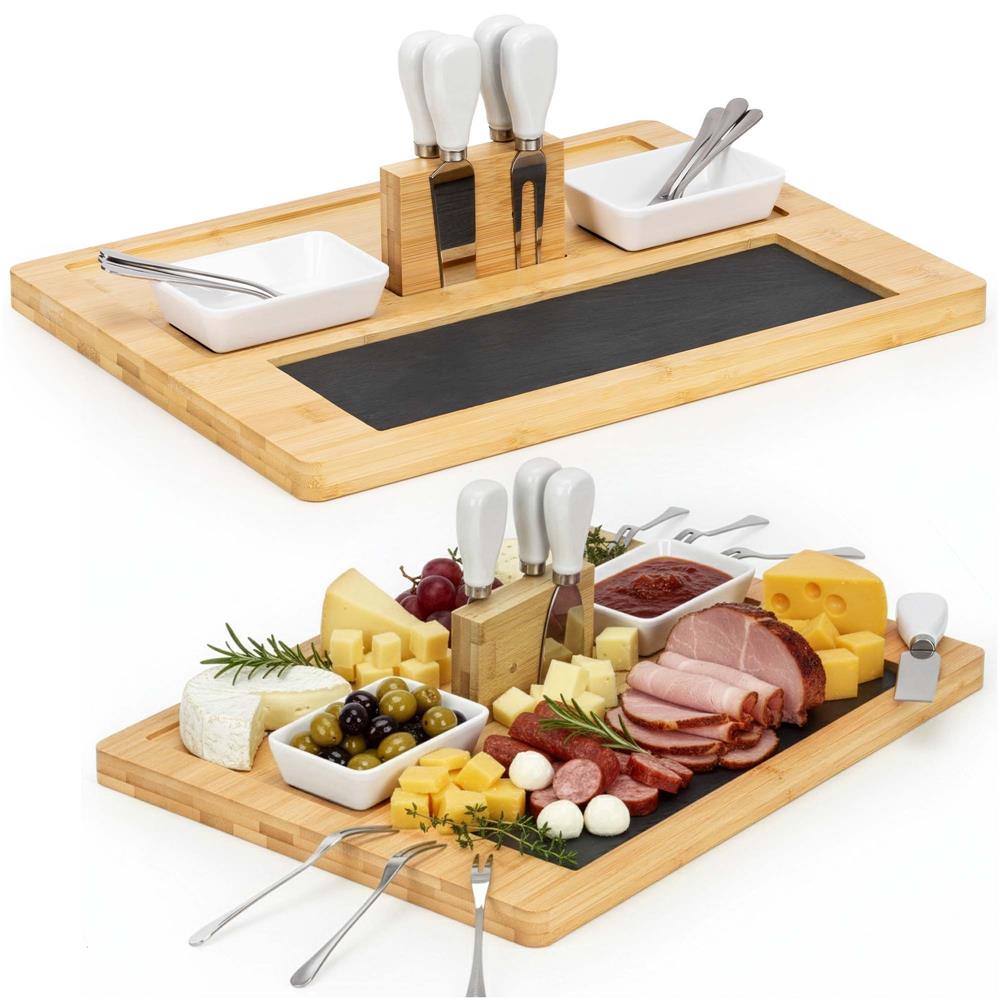 Set servire branzeturi cu platou din bambus si piatra, 2 boluri, 10 accesorii, 40x30x8 cm