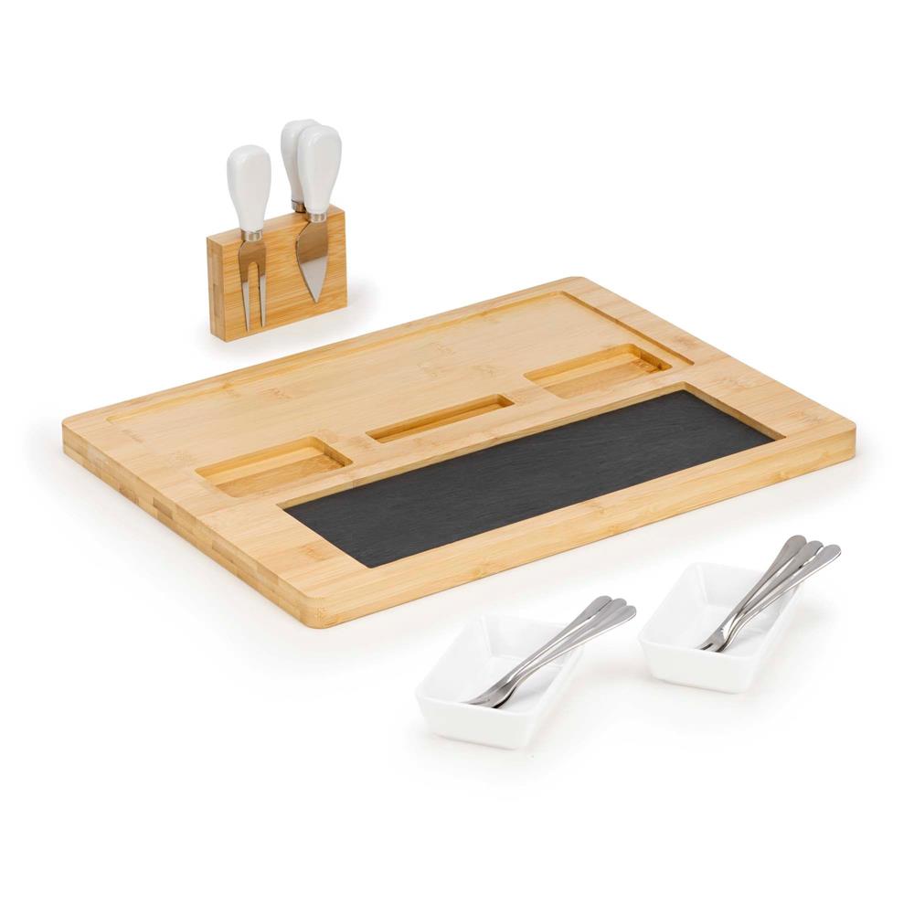 Set servire branzeturi cu platou din bambus si piatra, 2 boluri, 10 accesorii, 40x30x8 cm