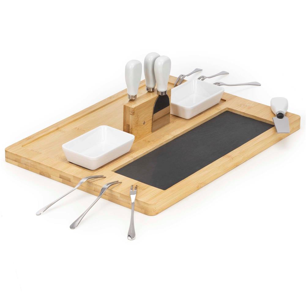 Set servire branzeturi cu platou din bambus si piatra, 2 boluri, 10 accesorii, 40x30x8 cm