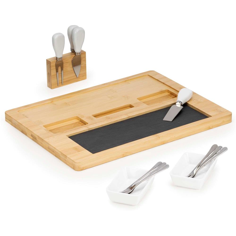 Set servire branzeturi cu platou din bambus si piatra, 2 boluri, 10 accesorii, 40x30x8 cm