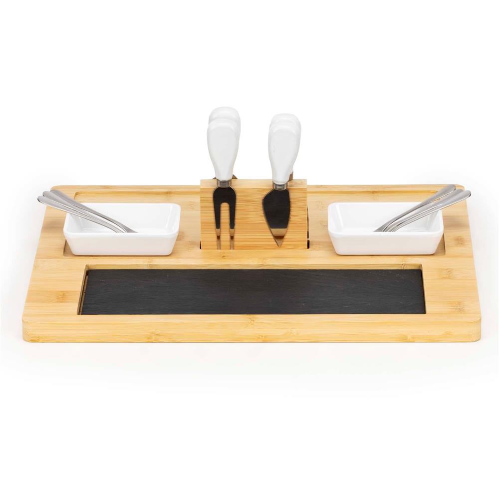 Set servire branzeturi cu platou din bambus si piatra, 2 boluri, 10 accesorii, 40x30x8 cm