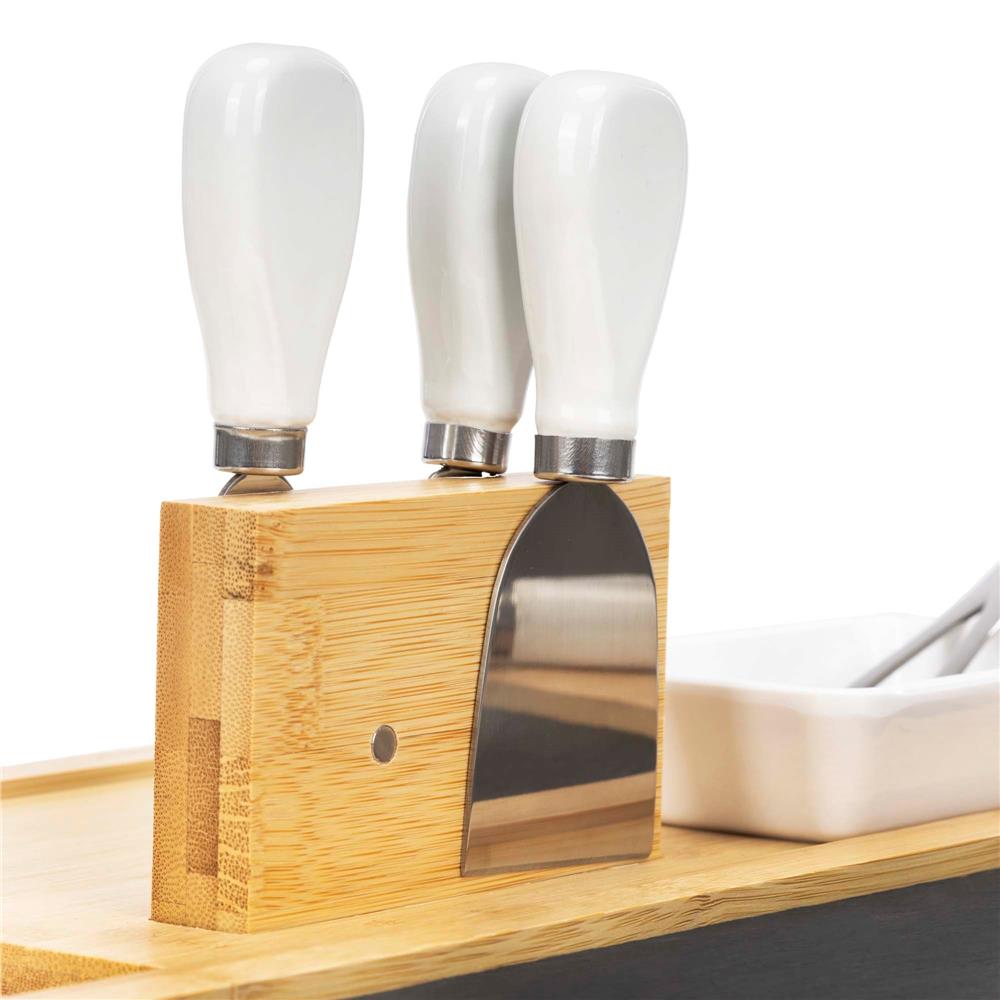 Set servire branzeturi cu platou din bambus si piatra, 2 boluri, 10 accesorii, 40x30x8 cm