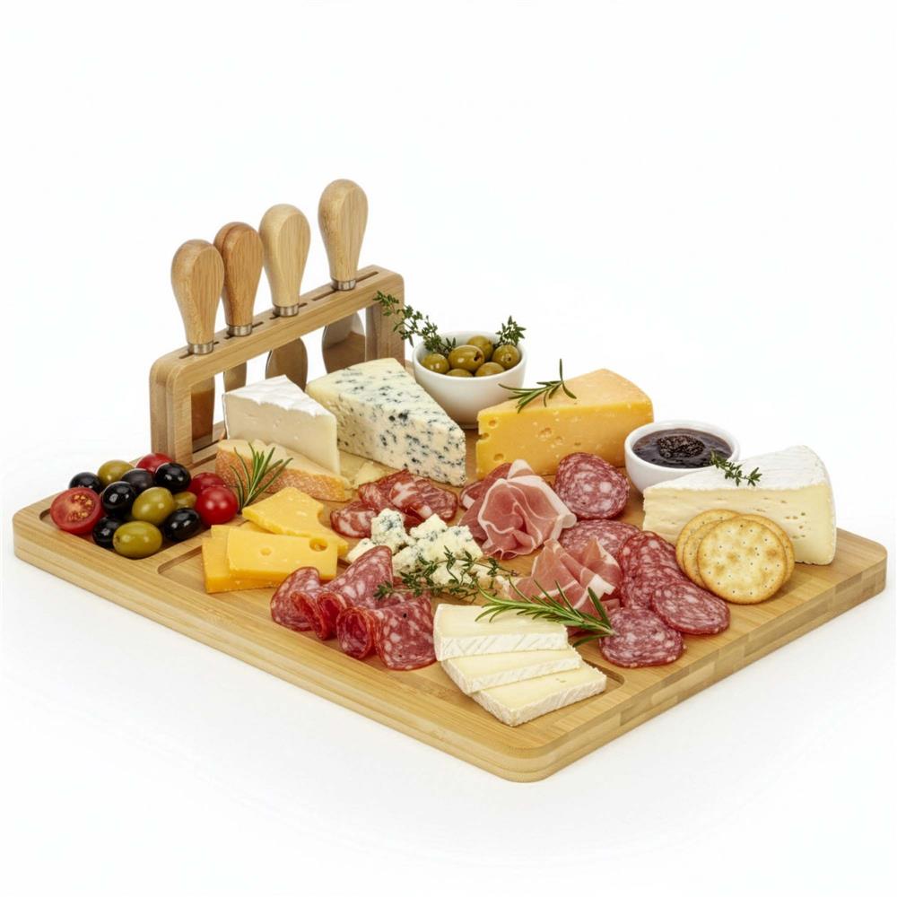 Set servire branzeturi cu platou din bambus si accesorii, 35x28x8 cm, maro natur