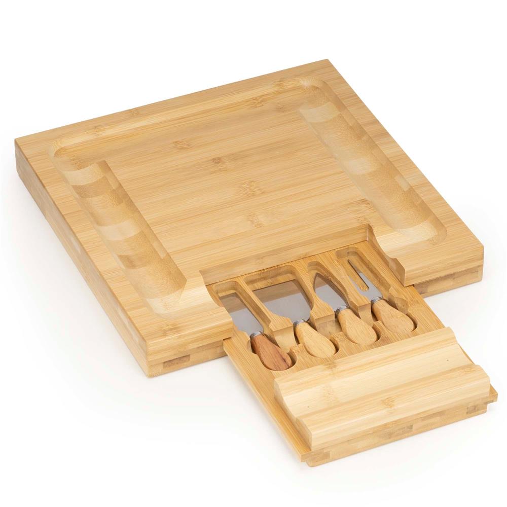 Set servire branzeturi cu platou din bambus si sertar glisant, 33x33x4 cm, maro natur
