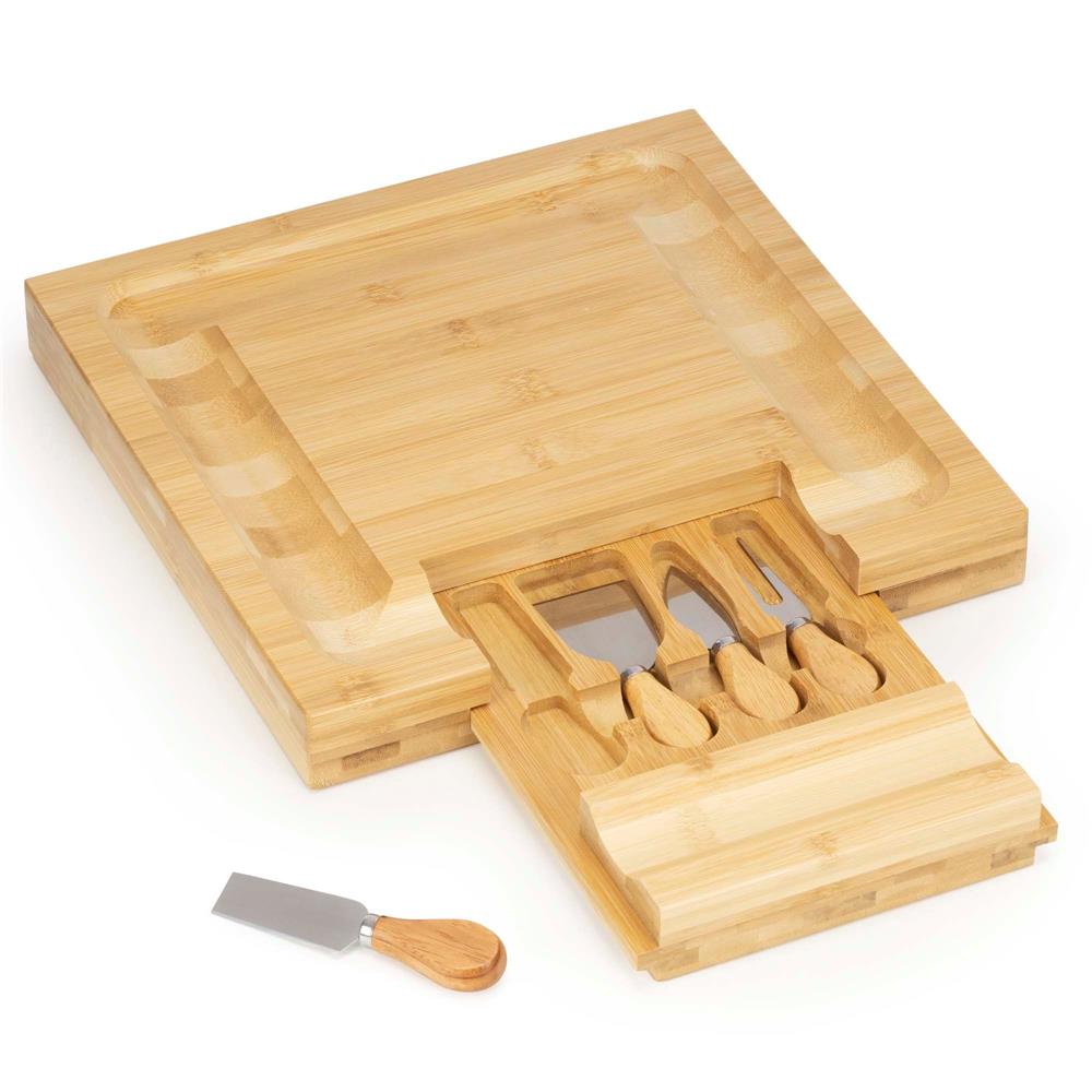 Set servire branzeturi cu platou din bambus si sertar glisant, 33x33x4 cm, maro natur