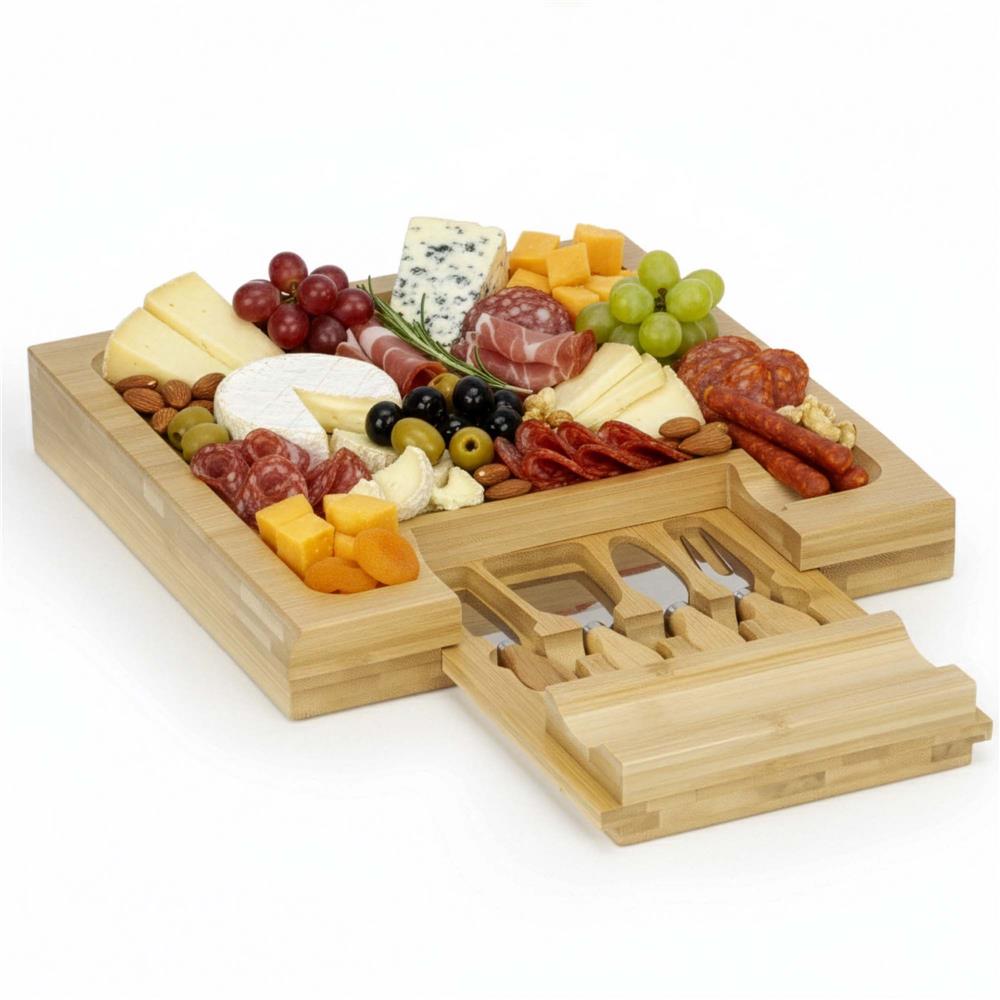 Set servire branzeturi cu platou din bambus si sertar glisant, 33x33x4 cm, maro natur