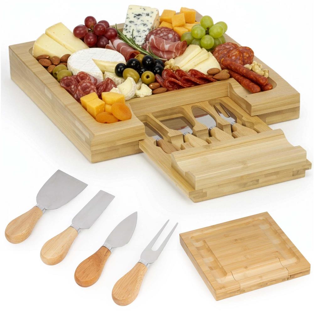Set servire branzeturi cu platou din bambus si sertar glisant, 33x33x4 cm, maro natur
