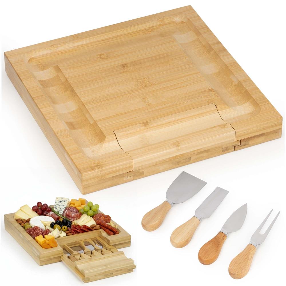 Set servire branzeturi cu platou din bambus si sertar glisant, 33x33x4 cm, maro natur