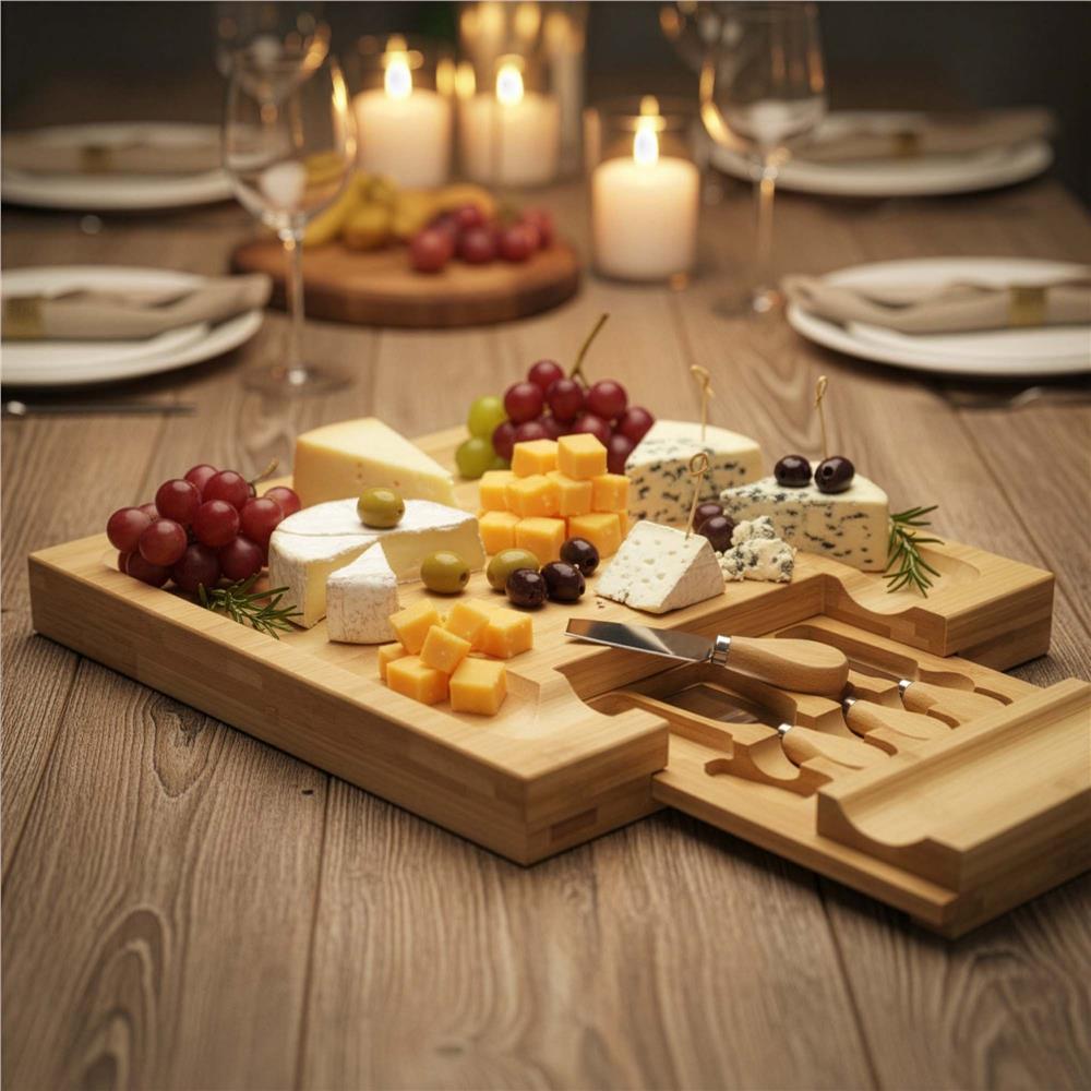 Set servire branzeturi cu platou din bambus si sertar glisant, 33x33x4 cm, maro natur