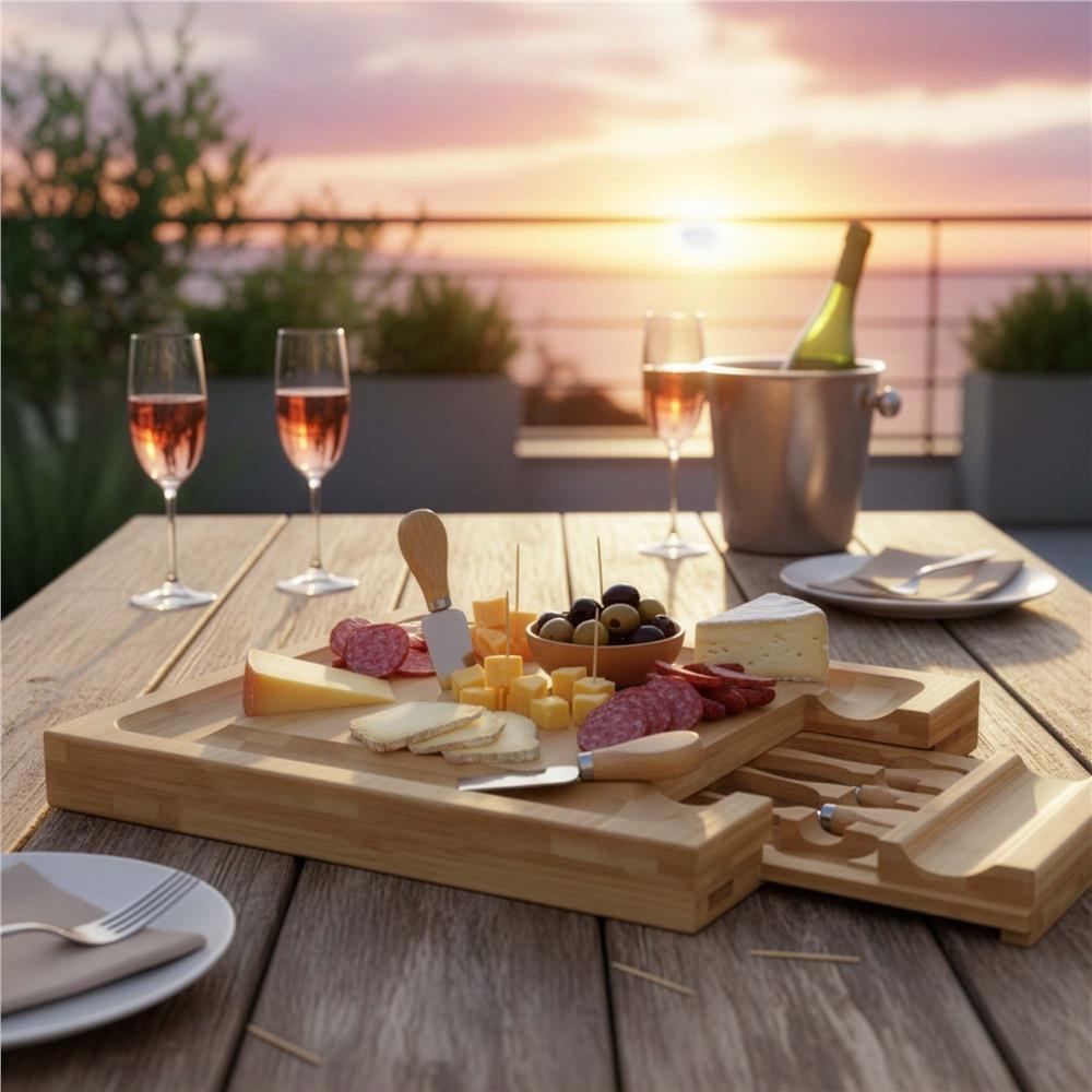 Set servire branzeturi cu platou din bambus si sertar glisant, 33x33x4 cm, maro natur