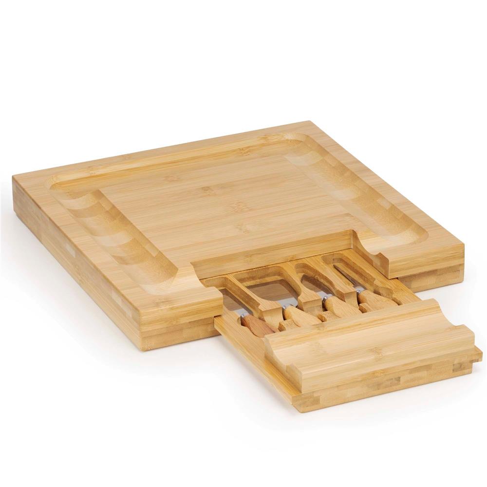Set servire branzeturi cu platou din bambus si sertar glisant, 33x33x4 cm, maro natur