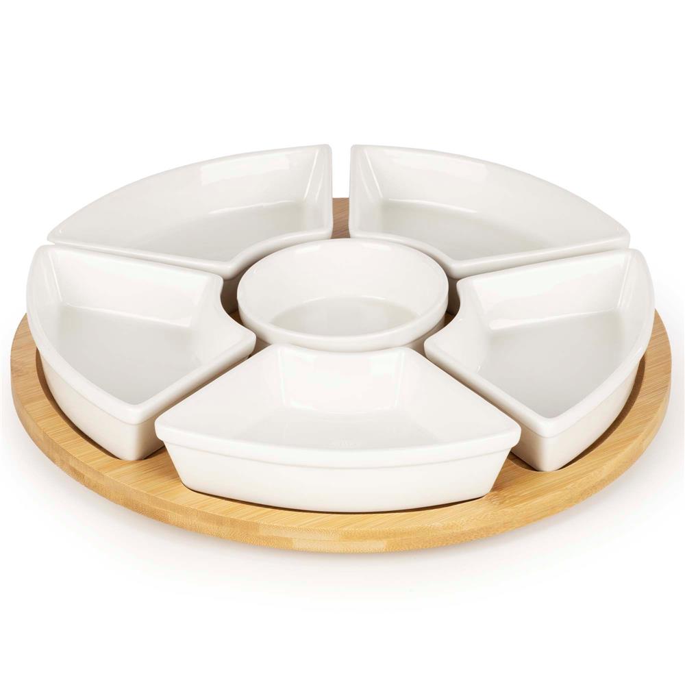 Set servire rotativ cu platou din bambus si 6 boluri din portelan, 30 cm, maro natur si alb