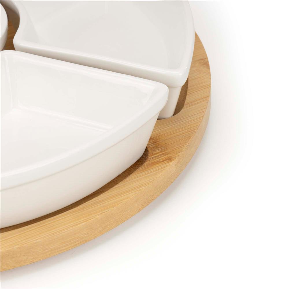 Set servire rotativ cu platou din bambus si 6 boluri din portelan, 30 cm, maro natur si alb