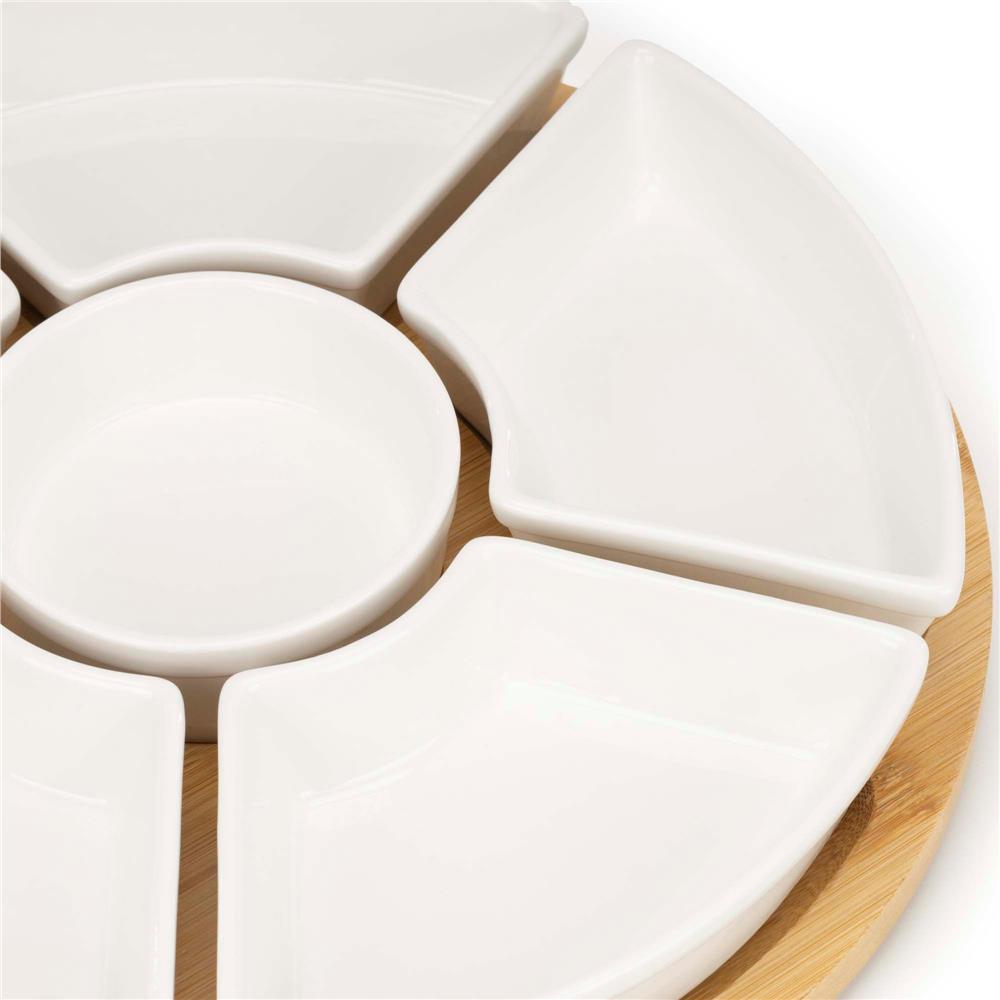Set servire rotativ cu platou din bambus si 6 boluri din portelan, 30 cm, maro natur si alb
