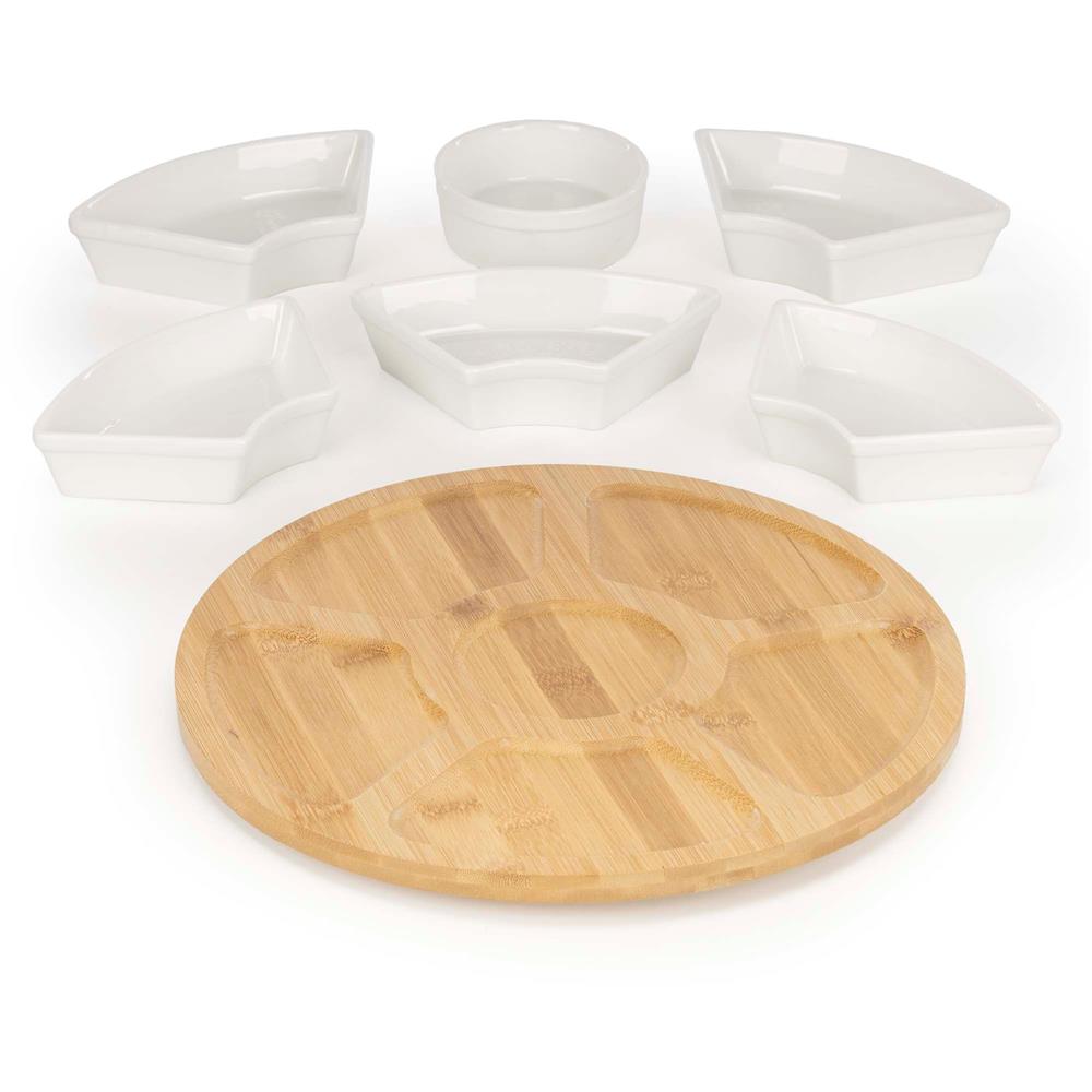 Set servire rotativ cu platou din bambus si 6 boluri din portelan, 30 cm, maro natur si alb
