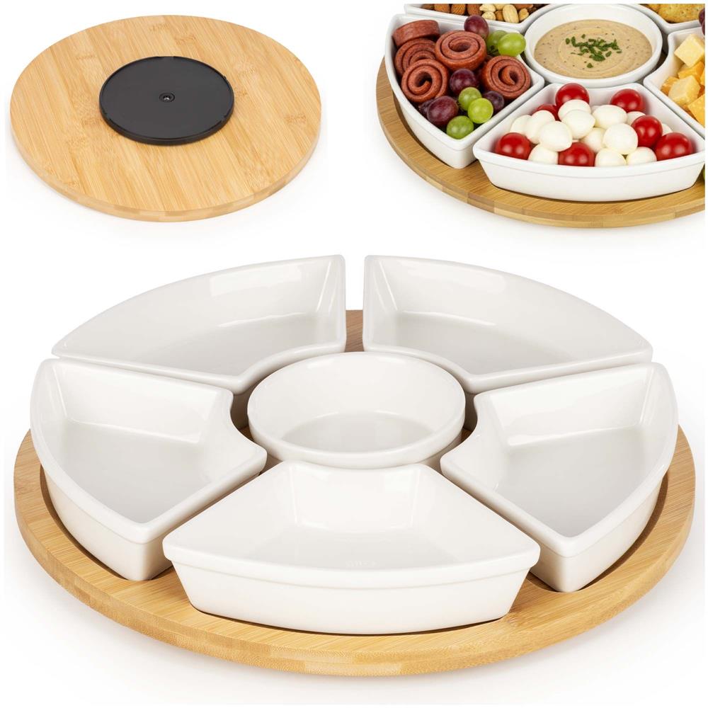 Set servire rotativ cu platou din bambus si 6 boluri din portelan, 30 cm, maro natur si alb