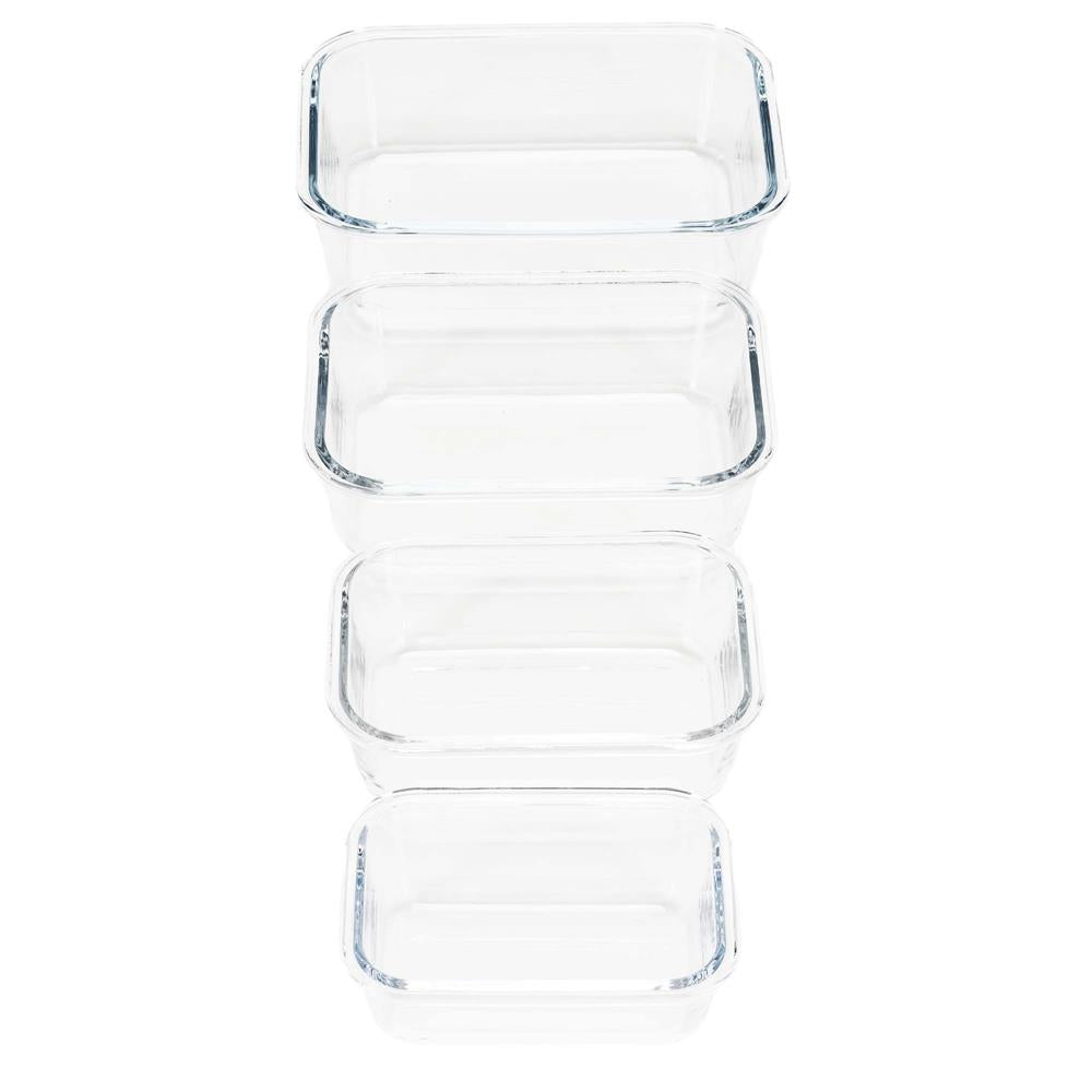 Set 4 recipiente din sticla termorezistenta, cu capac etans, BPA free, 350ml / 600ml / 1000ml / 1450ml , transparent