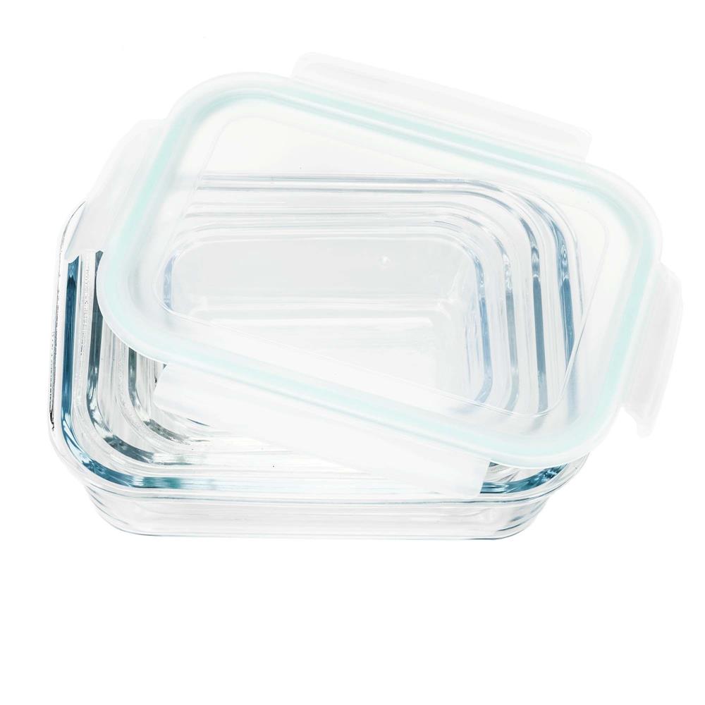 Set 4 recipiente din sticla termorezistenta, cu capac etans, BPA free, 350ml / 600ml / 1000ml / 1450ml , transparent