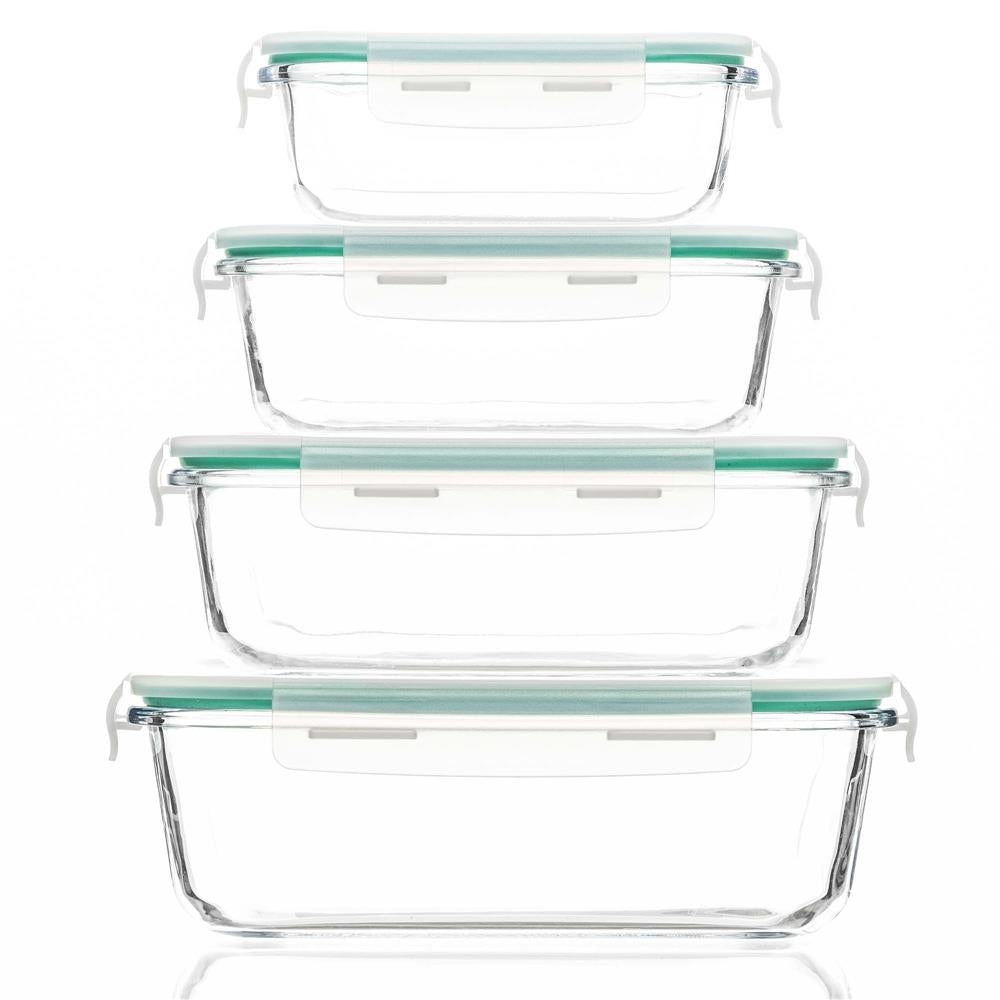 Set 4 recipiente din sticla termorezistenta, cu capac etans, BPA free, 350ml / 600ml / 1000ml / 1450ml , transparent