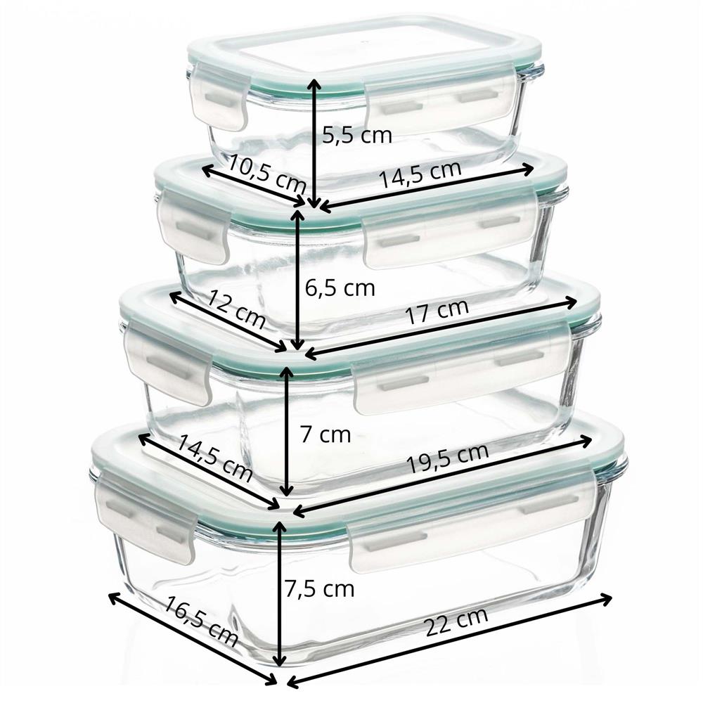 Set 4 recipiente din sticla termorezistenta, cu capac etans, BPA free, 350ml / 600ml / 1000ml / 1450ml , transparent