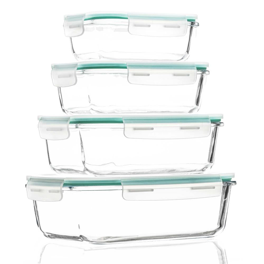 Set 4 recipiente din sticla termorezistenta, cu capac etans, BPA free, 350ml / 600ml / 1000ml / 1450ml , transparent