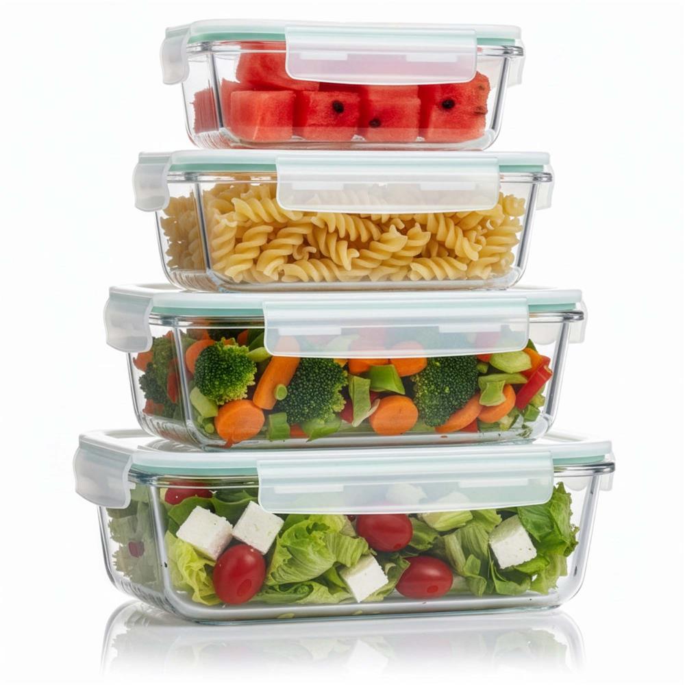 Set 4 recipiente din sticla termorezistenta, cu capac etans, BPA free, 350ml / 600ml / 1000ml / 1450ml , transparent