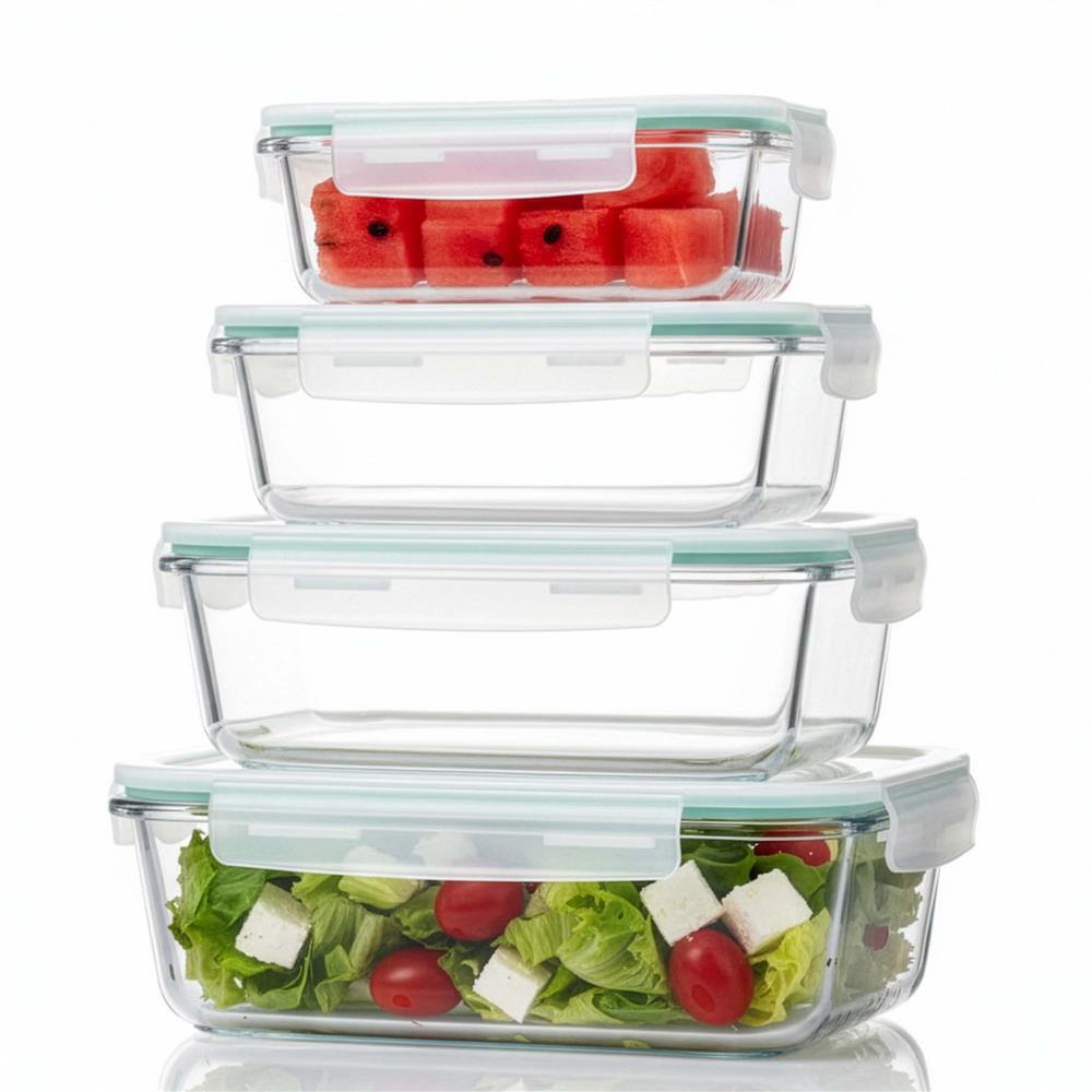 Set 4 recipiente din sticla termorezistenta, cu capac etans, BPA free, 350ml / 600ml / 1000ml / 1450ml , transparent