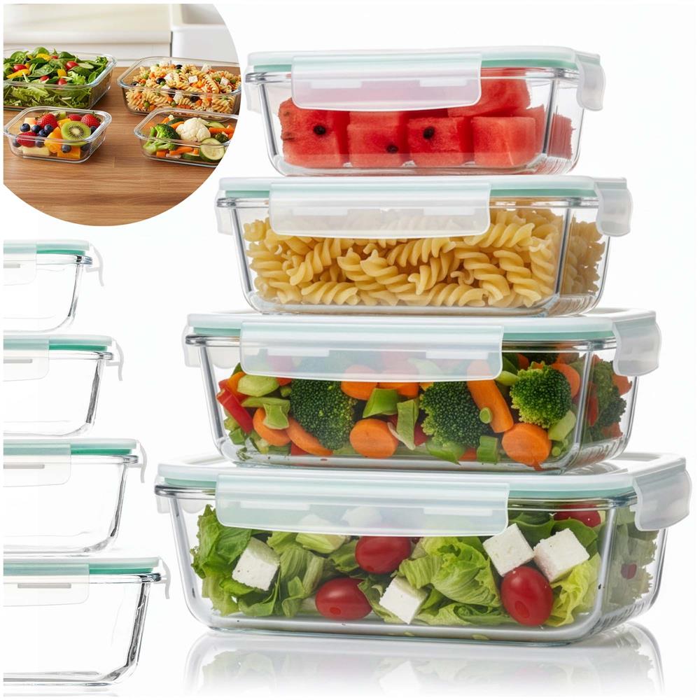Set 4 recipiente din sticla termorezistenta, cu capac etans, BPA free, 350ml / 600ml / 1000ml / 1450ml , transparent