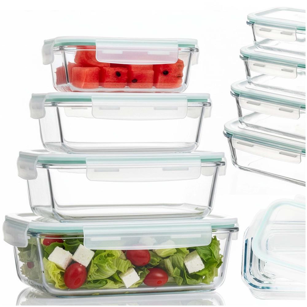 Set 4 recipiente din sticla termorezistenta, cu capac etans, BPA free, 350ml / 600ml / 1000ml / 1450ml , transparent