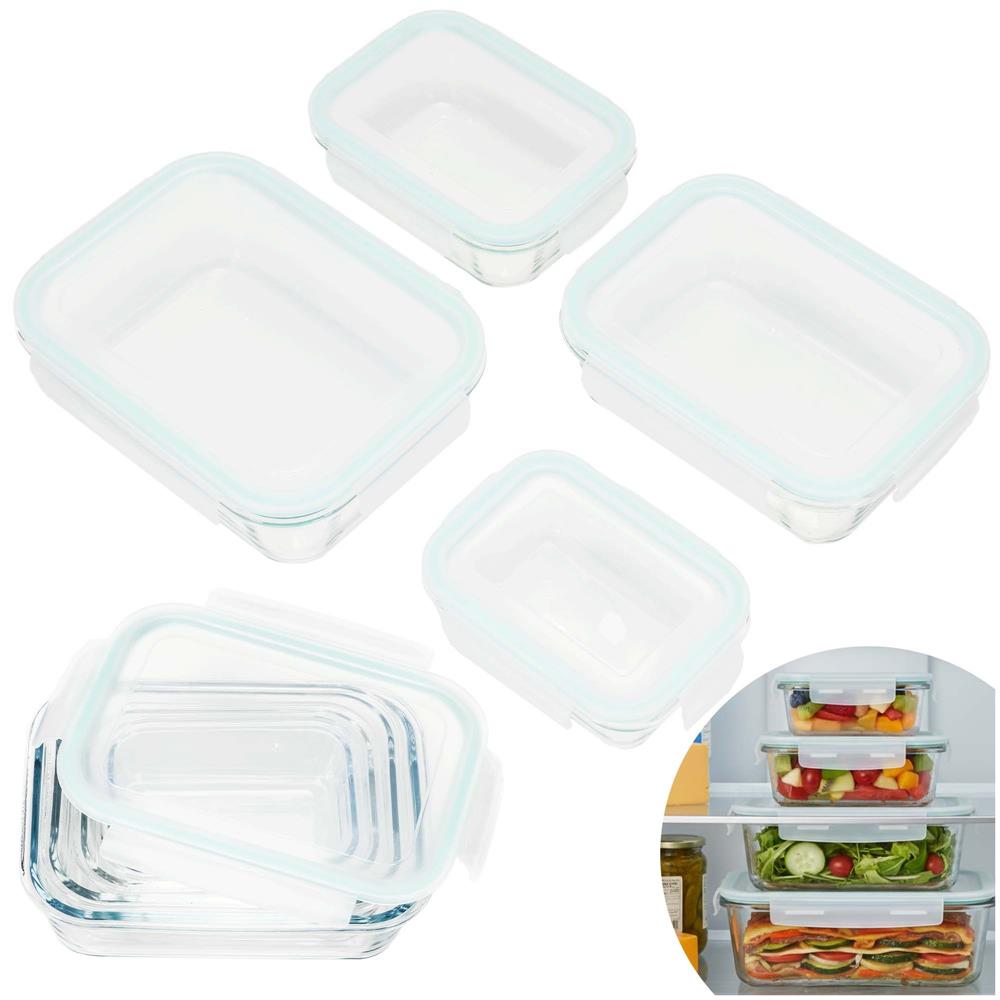 Set 4 recipiente din sticla termorezistenta, cu capac etans, BPA free, 350ml / 600ml / 1000ml / 1450ml , transparent
