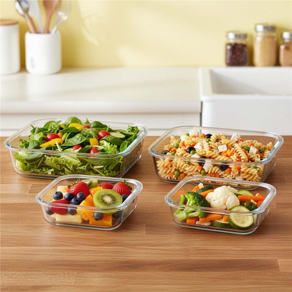 Set 4 recipiente din sticla termorezistenta, cu capac etans, BPA free, 350ml / 600ml / 1000ml / 1450ml , transparent