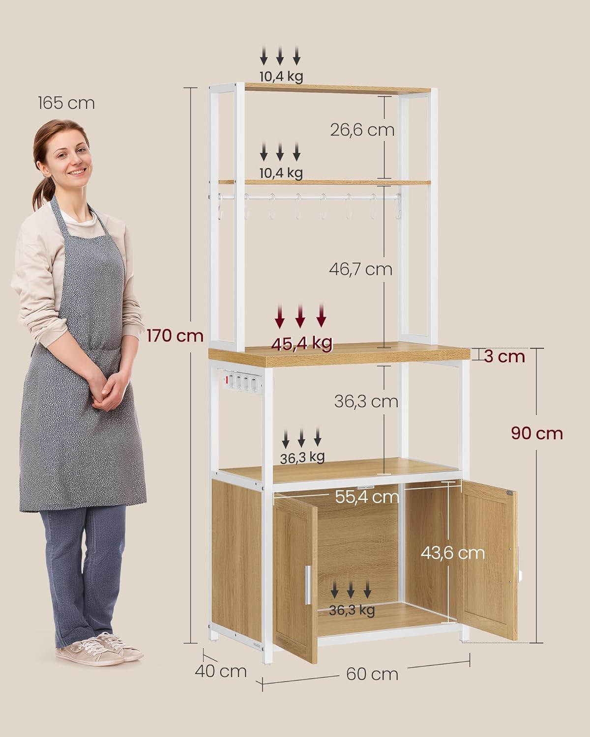 VASAGLE Raft bucatarie cu 4 prize, blat de lucru 90 cm, raft microunde, dulap si carlige, 40x60x170 cm, alb si stejar