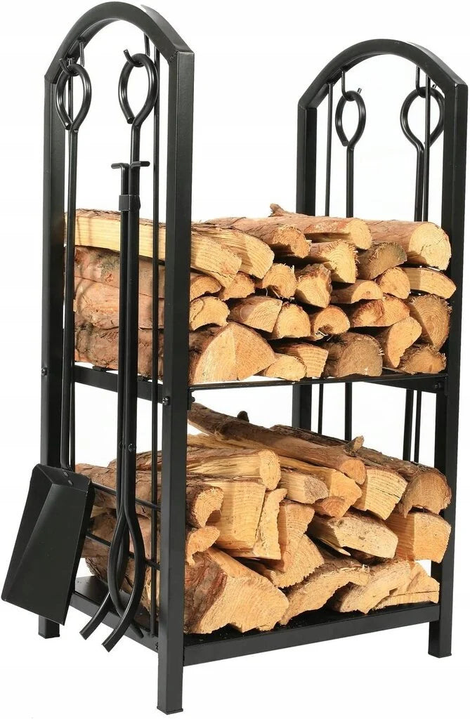 Suport metalic pentru lemne de foc cu 4 accesorii, 74x40x30 cm, negru