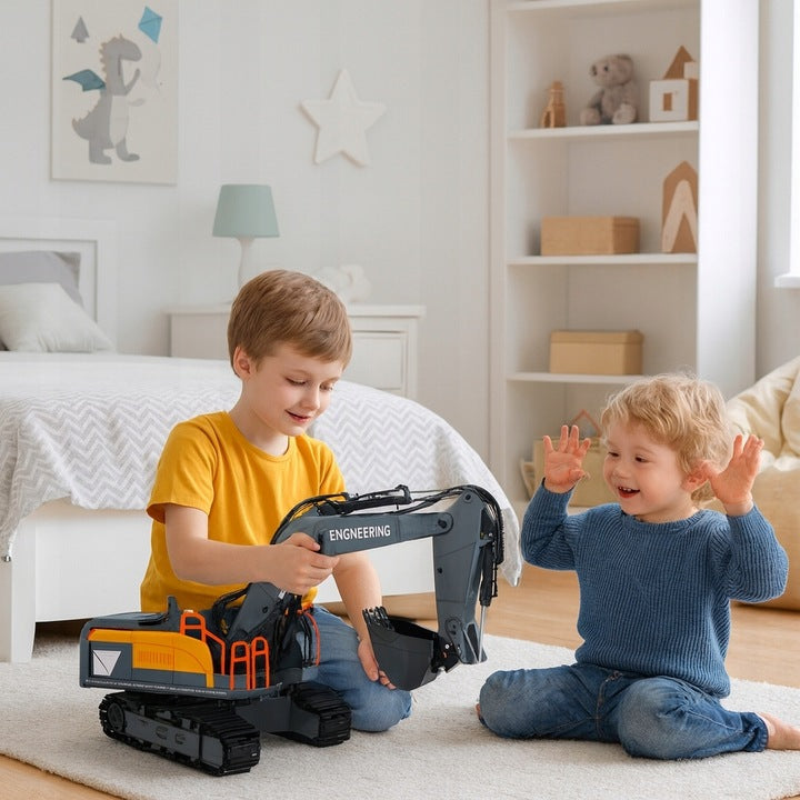 Excavator RC cu senile pentru copii, lumini si brat functional, telecomanda, incarcare USB, 32x30x12 cm