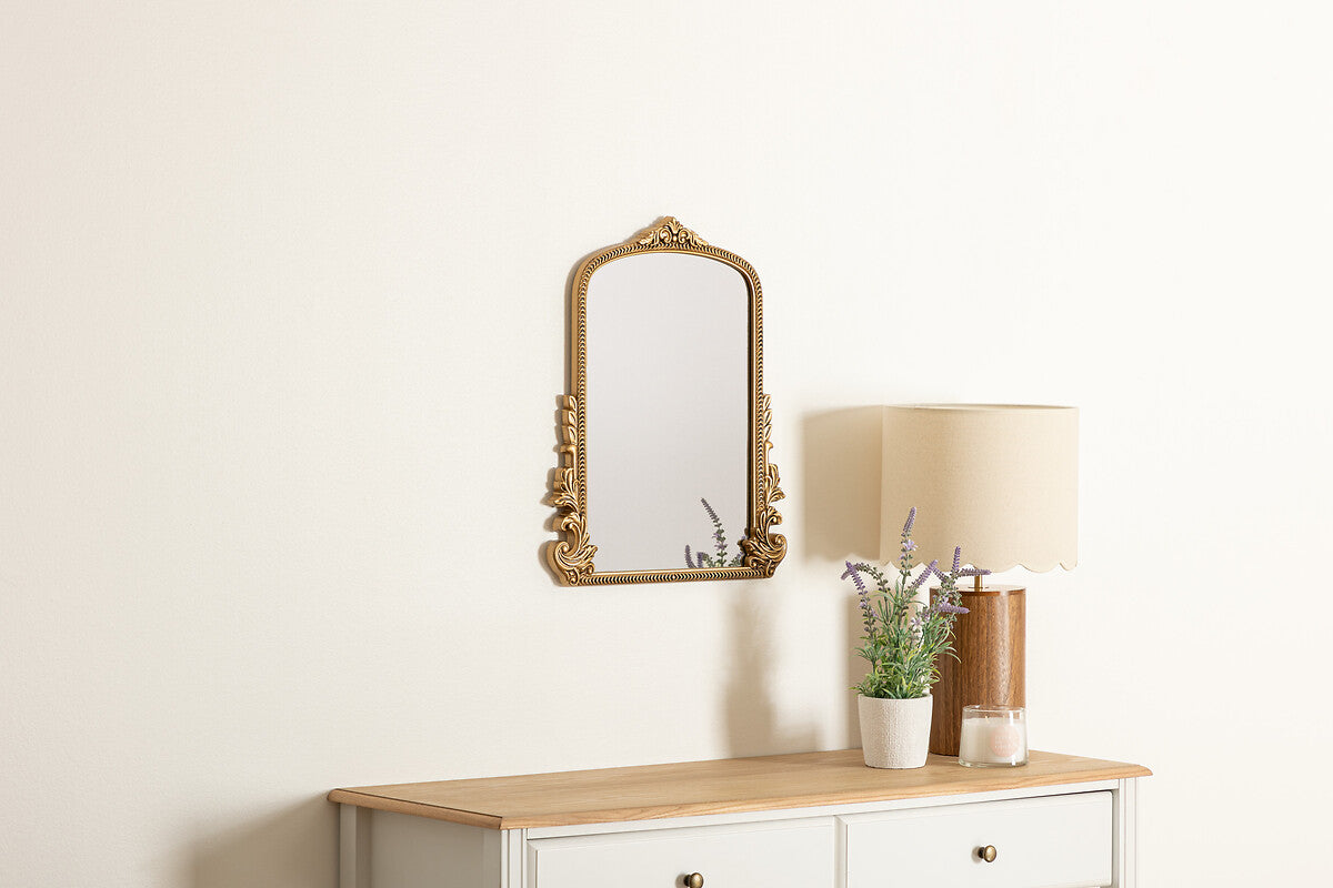 Oglinda Atmosphera Victoria cu rama sculptata, MDF si sticla, 41x51 cm, auriu