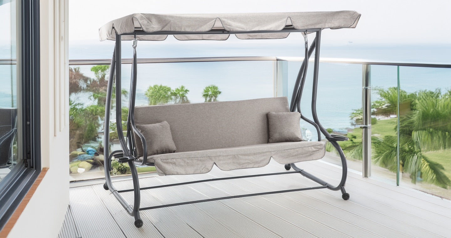 Leagan gradina 3 locuri cu baldachin reglabil, perne si suport pahare, 210x120x170 cm, gri