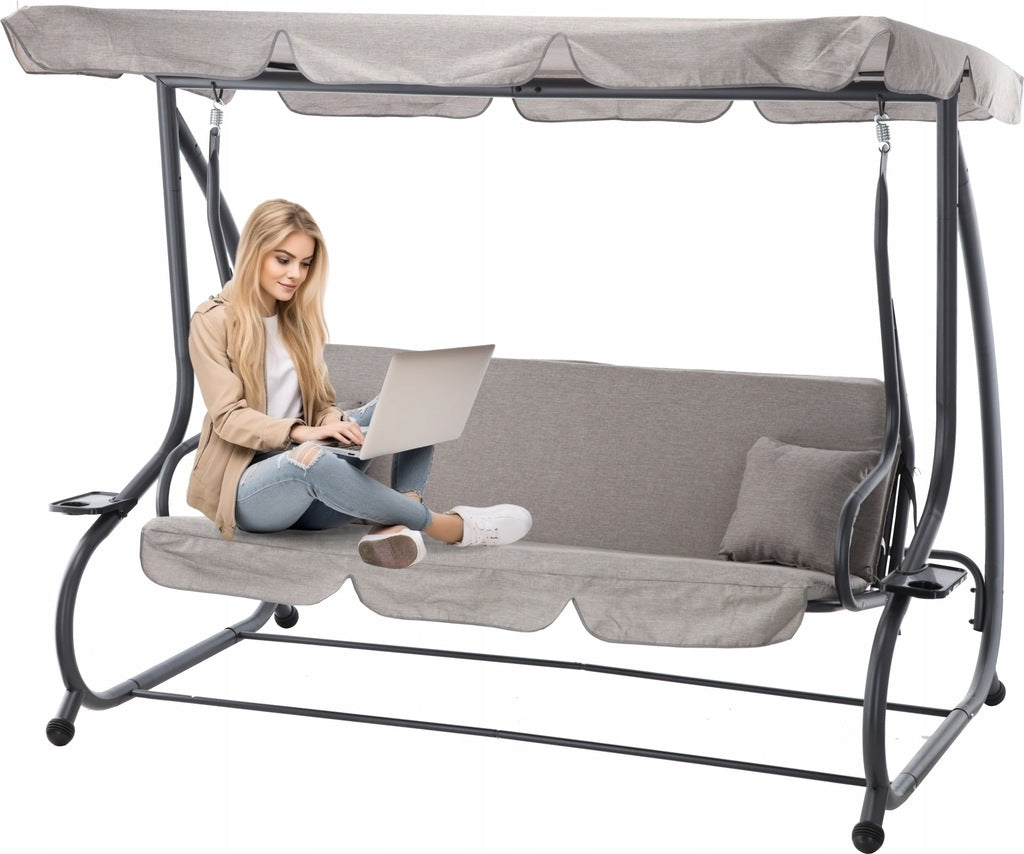 Leagan gradina 3 locuri cu baldachin reglabil, perne si suport pahare, 210x120x170 cm, gri