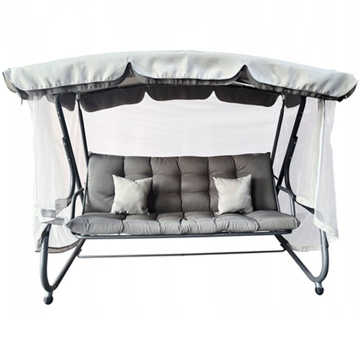 Balansoar leagan pat, 3 persoane, cu plasa tantari si perne, 350 kg, 220x130x175 cm, gri
