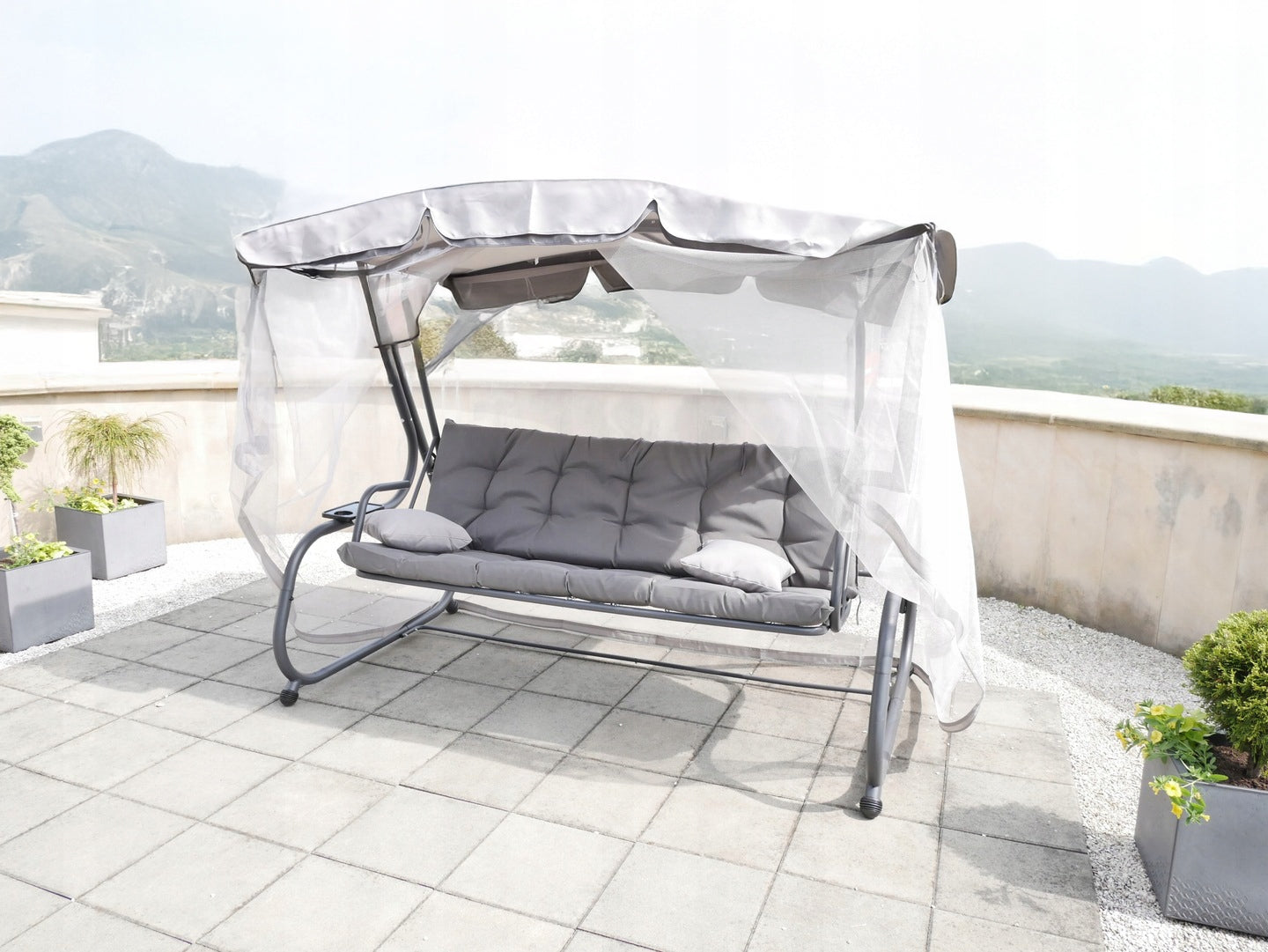 Balansoar leagan pat, 3 persoane, cu plasa tantari si perne, 350 kg, 220x130x175 cm, gri