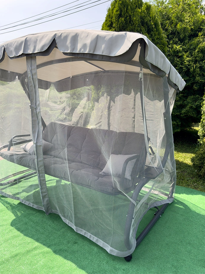Balansoar leagan pat, 3 persoane, cu plasa tantari si perne, 350 kg, 220x130x175 cm, gri