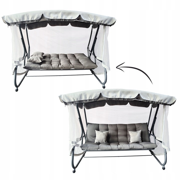 Balansoar leagan pat, 3 persoane, cu plasa tantari si perne, 350 kg, 220x130x175 cm, gri