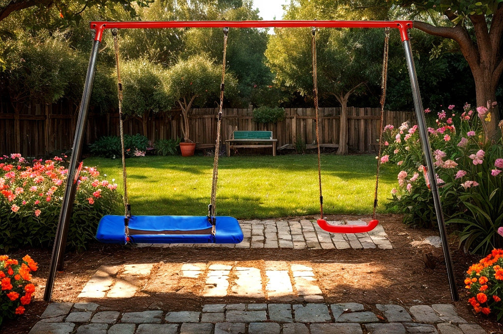 Leagan de gradina dublu cu scaun si cuib barza, cadru metalic, 290x180x200 cm, rosu si albastru