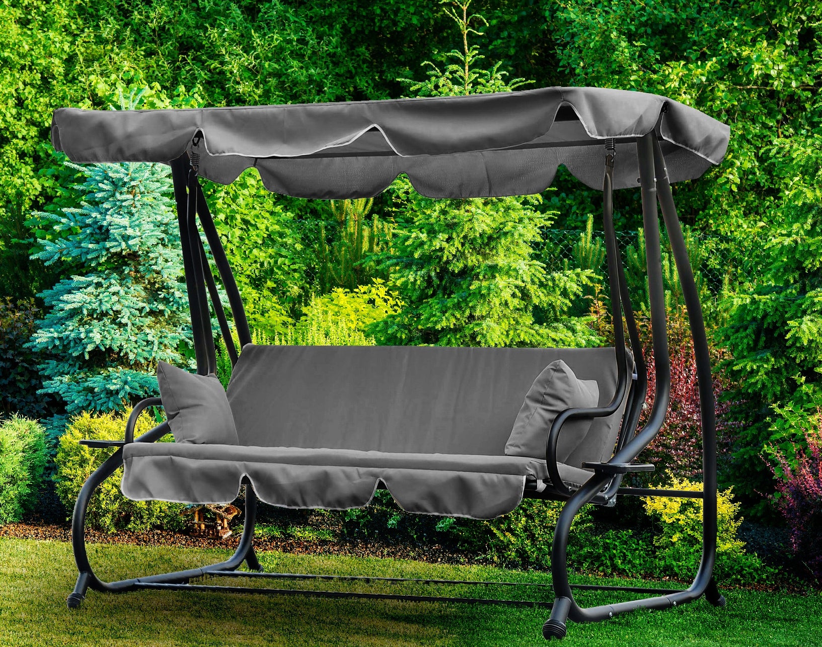 Leagan gradina 4 locuri cu baldachin reglabil, functie de pat si suport pahare, 210x120x170 cm, gri