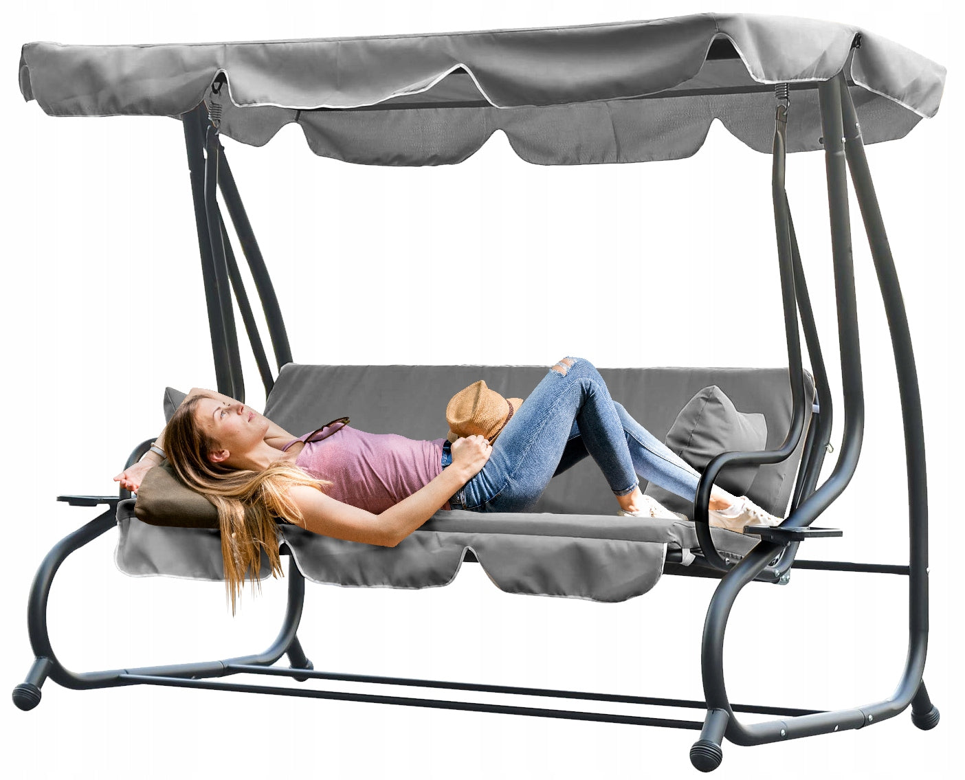 Leagan gradina 4 locuri cu baldachin reglabil, functie de pat si suport pahare, 210x120x170 cm, gri